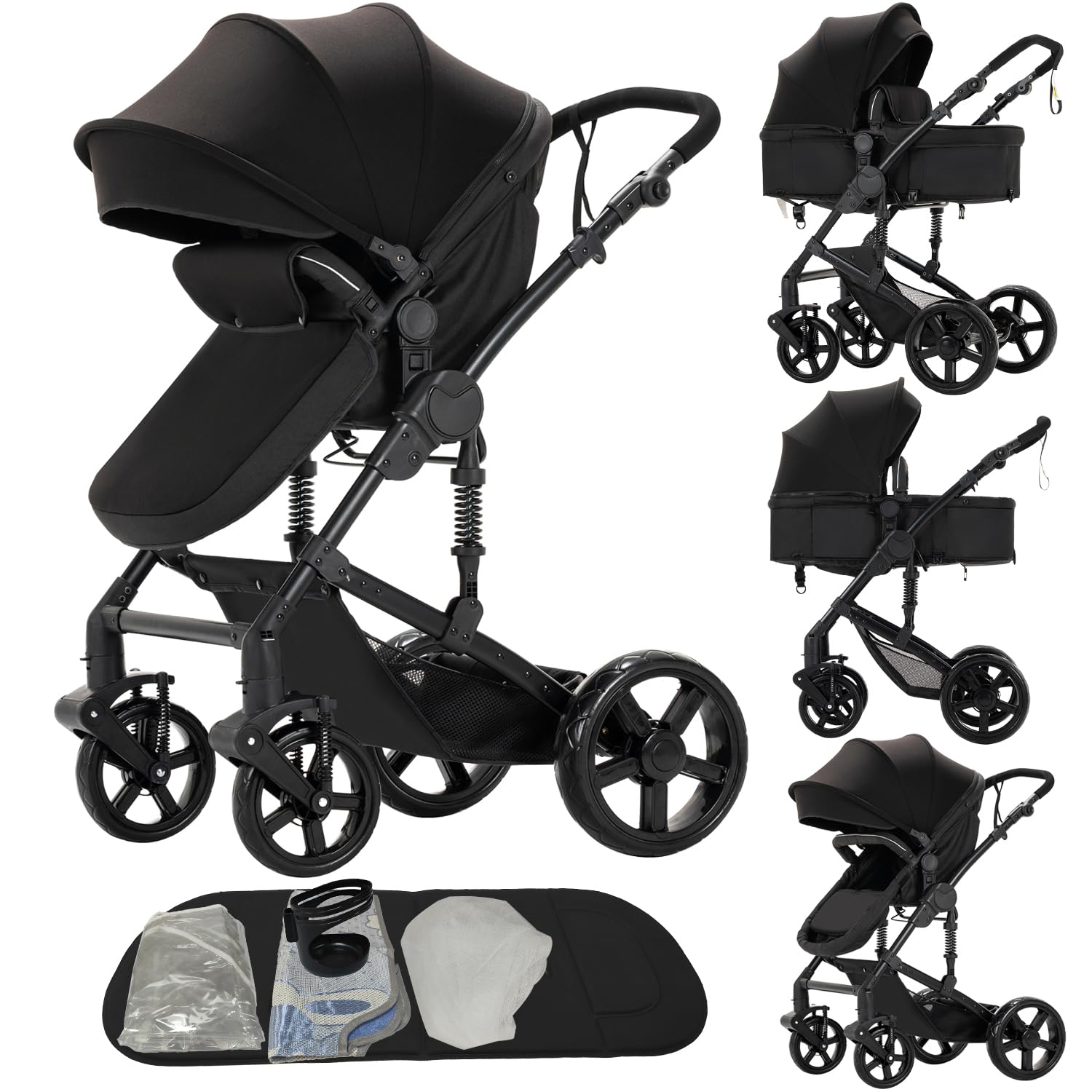 2 in 1 Baby Stroller Convertible Reversible Standard Pram Portable Pushchair Infant Buggy Baby Carriage Foldable High Landscape Pram for Toddler Newborn (2US588-BLACK)