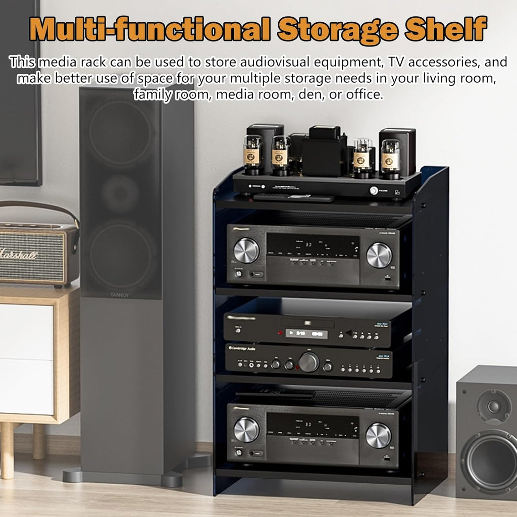 3-Tier Media Console Table & Stereo Stand Cabinet, Acrylic Audio Equipment Rack with Adjustable Shelves for Living Room, Record Player Tower Organizer (Light Coffee)