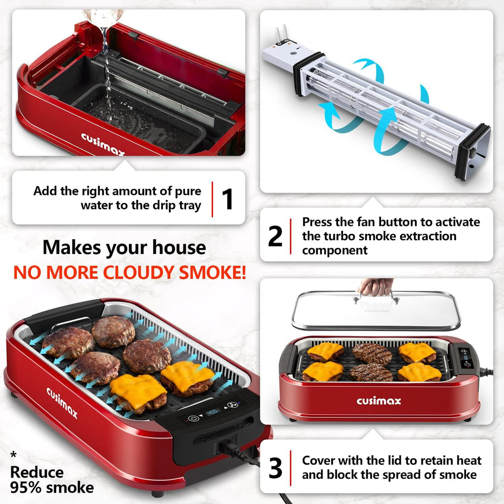 Indoor Grill, CUSIMAX Smokeless Grill Indoor, Electric Griddle, 1500W Korean BBQ Grill with LED Smart Display & Tempered Glass Lid, Non-stick Removable Plate & Griddle Plate, Red