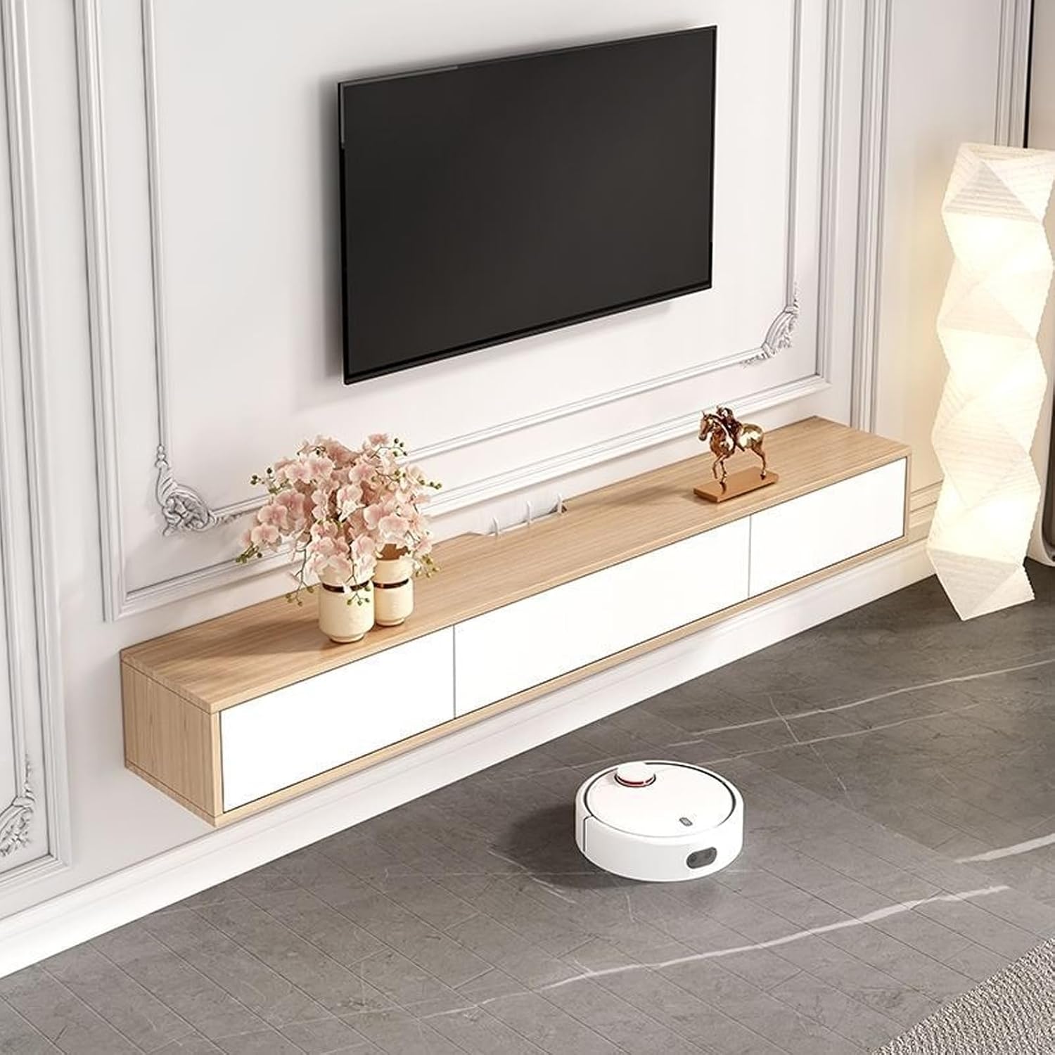 Floating TV Stand with 3 Drawers for 32-65' TVs, Wall Mounted Modern Audio Visual Media Equipment Storage Center Console with Cable Holes for Living Room,Bedroom (Color : Natural, Size : 14