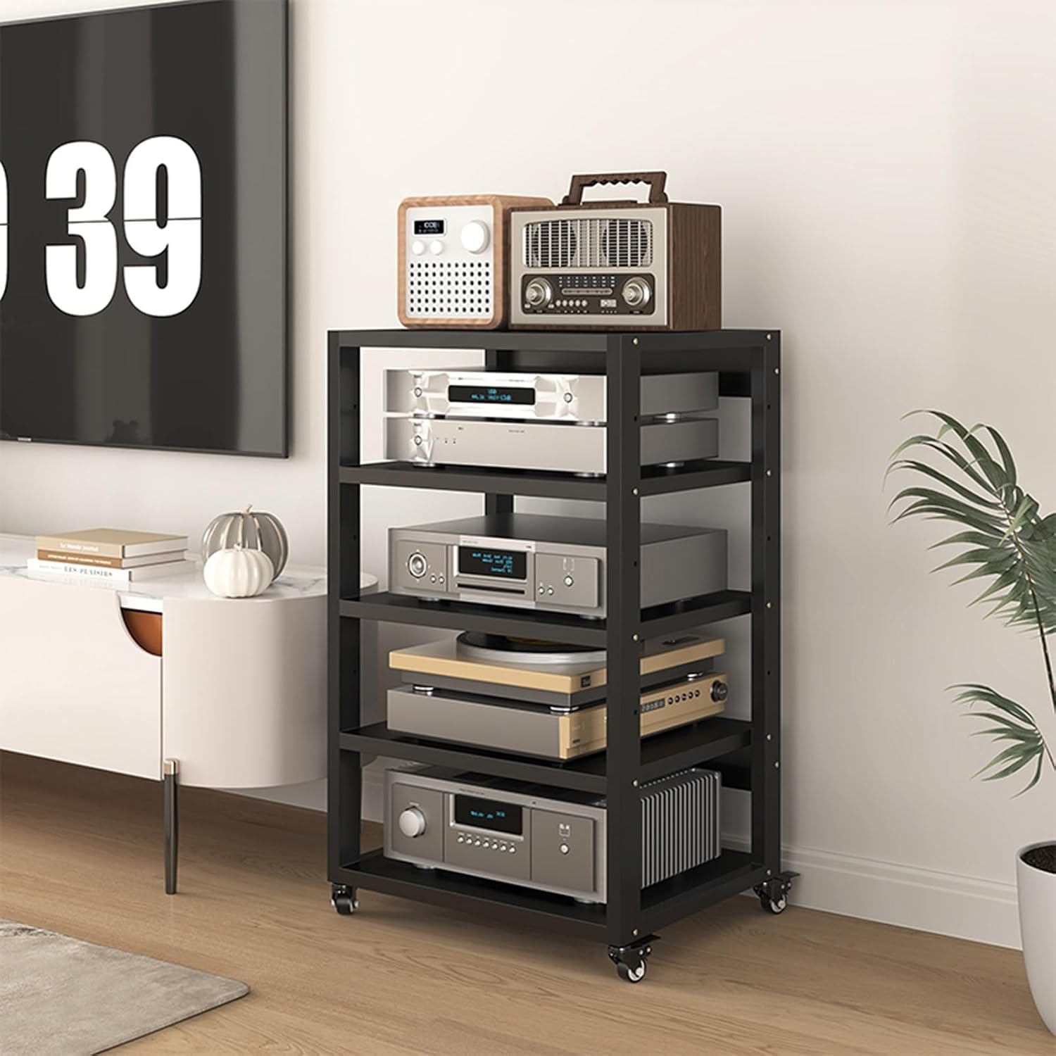 5-Tier Audio/Video Media Stand Cabinet with Wheels - Stereo Rack for DVD/CD Players, Amplifiers & Components - Multifunction Open Storage Shelf for Home & Office (55x50x90cm)