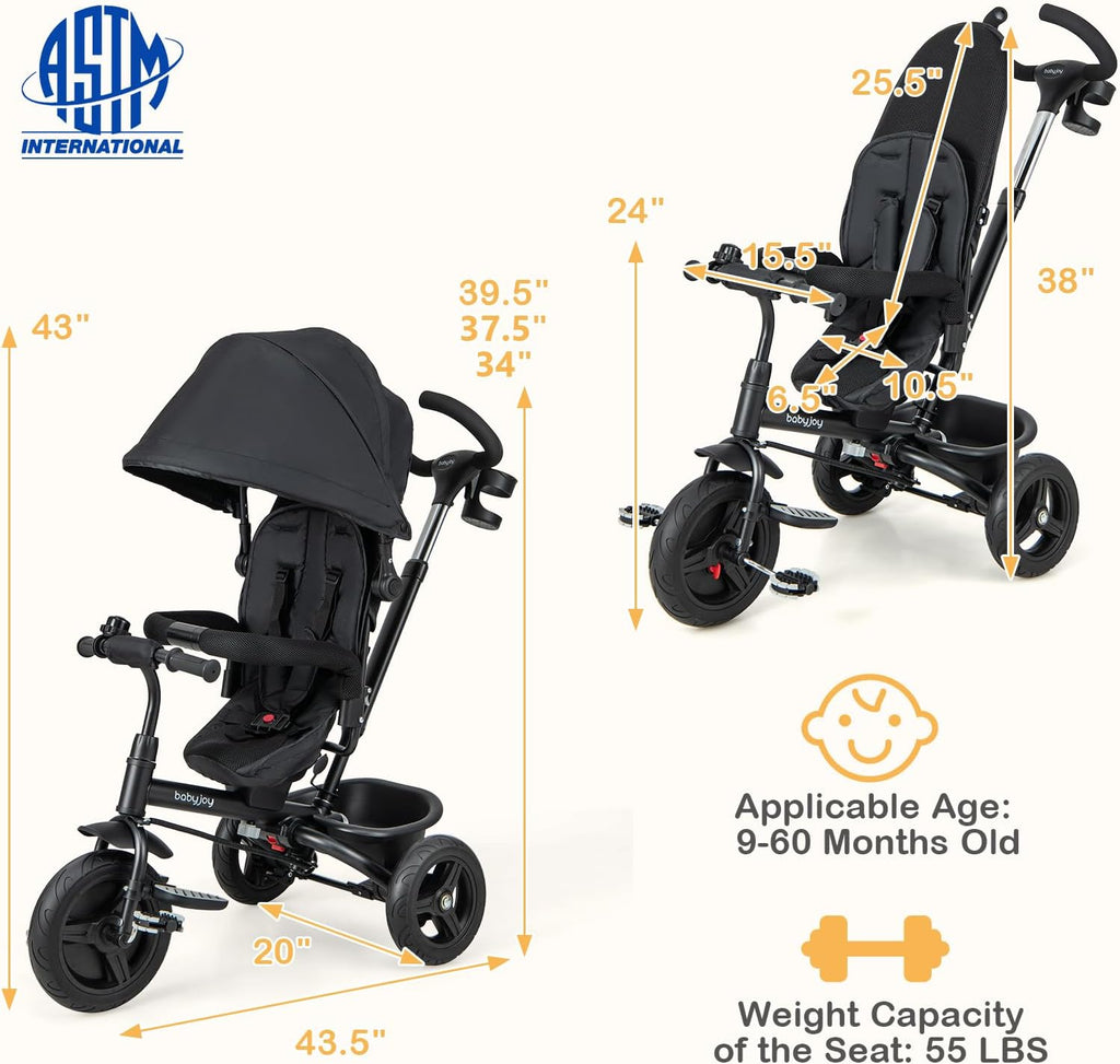 BABY JOY Tricycle, 6 in 1 Trike for Toddler w/Reversible Seat, Adjustable Canopy & Parent Handle, 5-Point Safety Belt, PU Wheels and Storage Basket, Push Tricycle for 9-60 Months (Black)