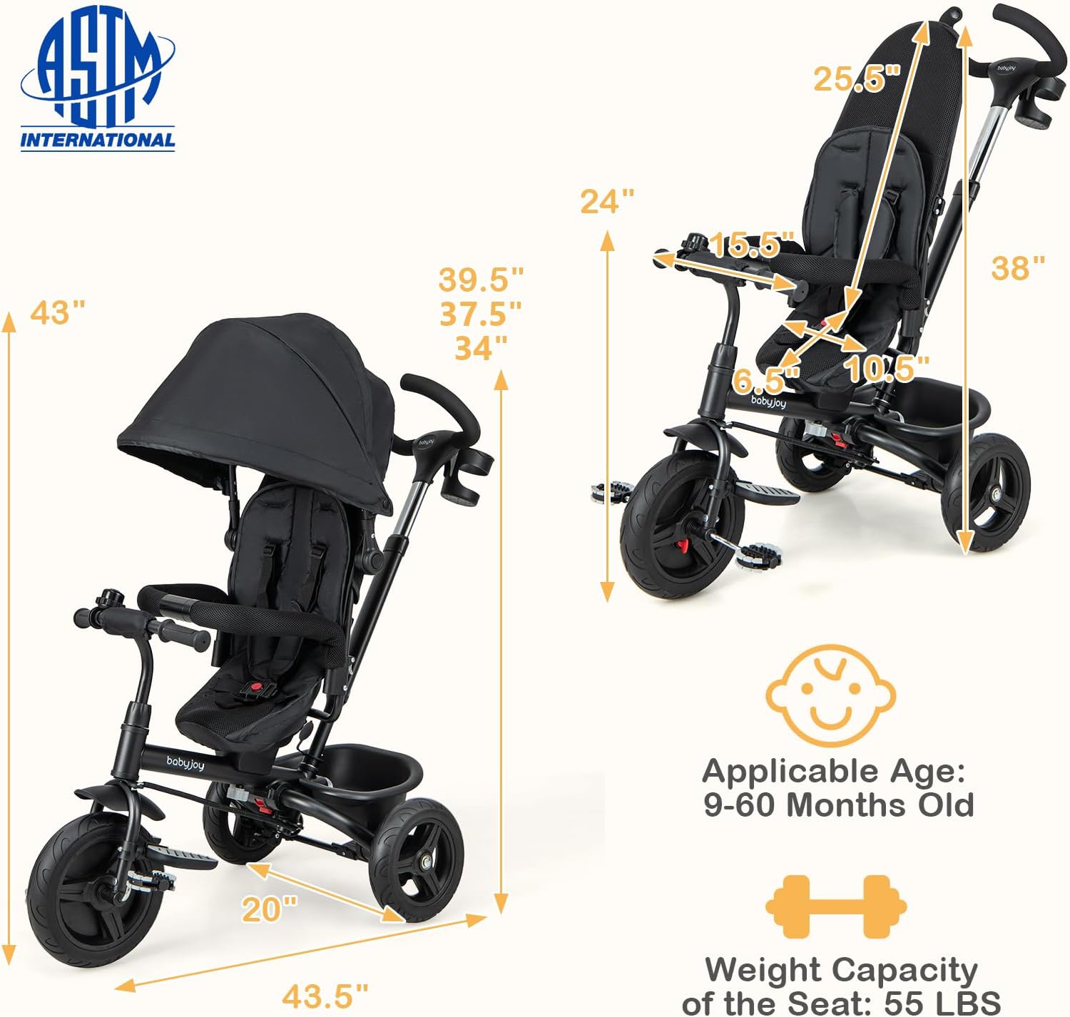 BABY JOY Tricycle, 6 in 1 Trike for Toddler w/Reversible Seat, Adjustable Canopy & Parent Handle, 5-Point Safety Belt, PU Wheels and Storage Basket, Push Tricycle for 9-60 Months (Black)