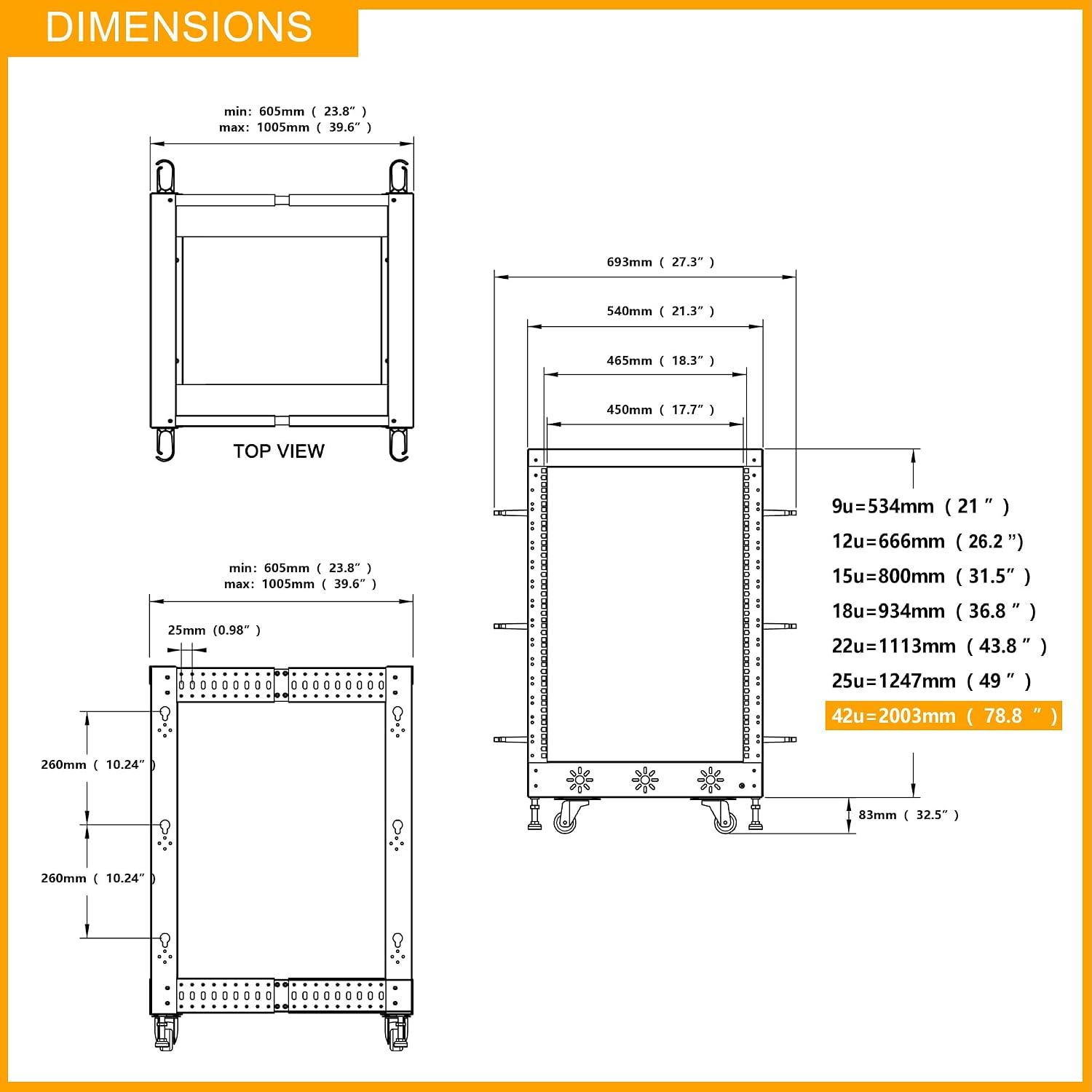 RIVECO 42U 19' Adjustable Depth Server Rack Support Up to 1700LBS Floor Standing 4 Post Rack with L Rails & Load-Bearing Casters Universal for Network Equipment Black