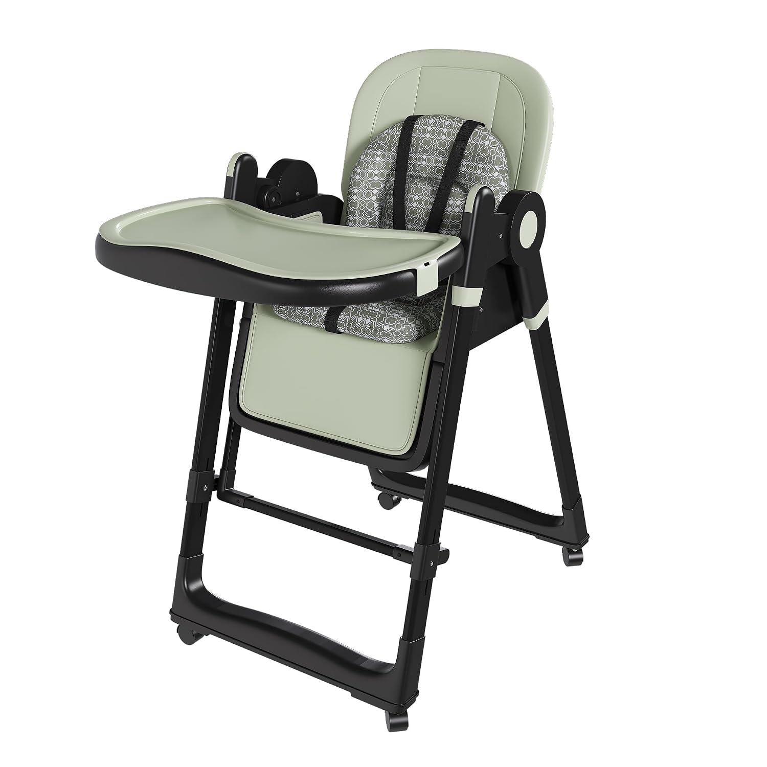 Baby High Chair Convertible to Rocker with 5-Point Harness Belt, Foldable Infant Feeding Seat with Silent Locking Wheels & Removable 2-Tier Easy-Clean Tray for 6 Months - 4 Years (Green)