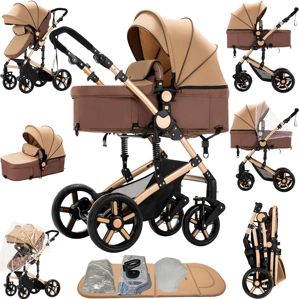 2 in 1 Baby Stroller Reversible Portable Standard Baby Stroller Convertible Pushchair Infant Buggy Baby Carriage Foldable High Landscape Pram for Toddler Newborn (2US588-KHAKI)