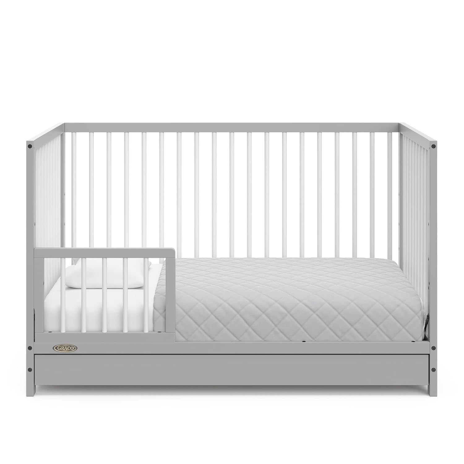 Graco Teddi 5-in-1 Convertible Crib with Drawer – GREENGUARD Gold Certified, Full-Size Nursery Storage Drawer, Baby Crib Converts to Toddler Bed, Daybed and Full-Size Bed (Pebble Gray and White)