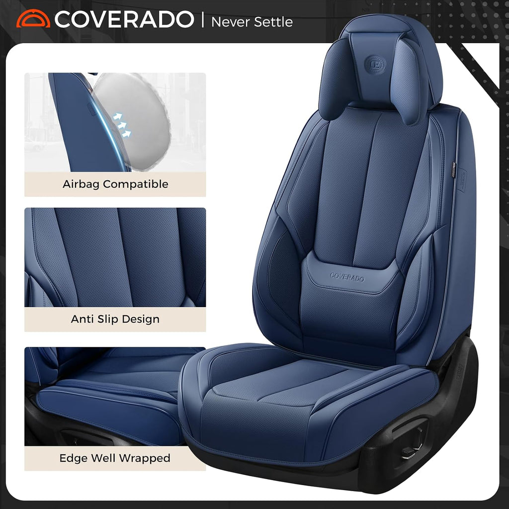 Coverado Seat Covers, Car Seat Covers Front Seats, Car Seat Cover, Car Seat Protector Waterproof, Seat Cushion Nappa Leather with Head Pillow, Carseat Cover Universal Fit for Most Cars (Blue)
