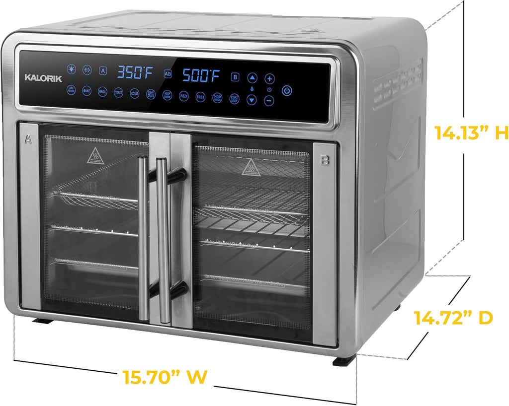 Kalorik Air Fryer Oven MAXX Series 26-Quart Flex Trio with Digital Controls Easy-View Door and 14 Cooking Presets, Converts into Dual 13 Quart Air Fryers, 1700-Watts, Stainless Steel