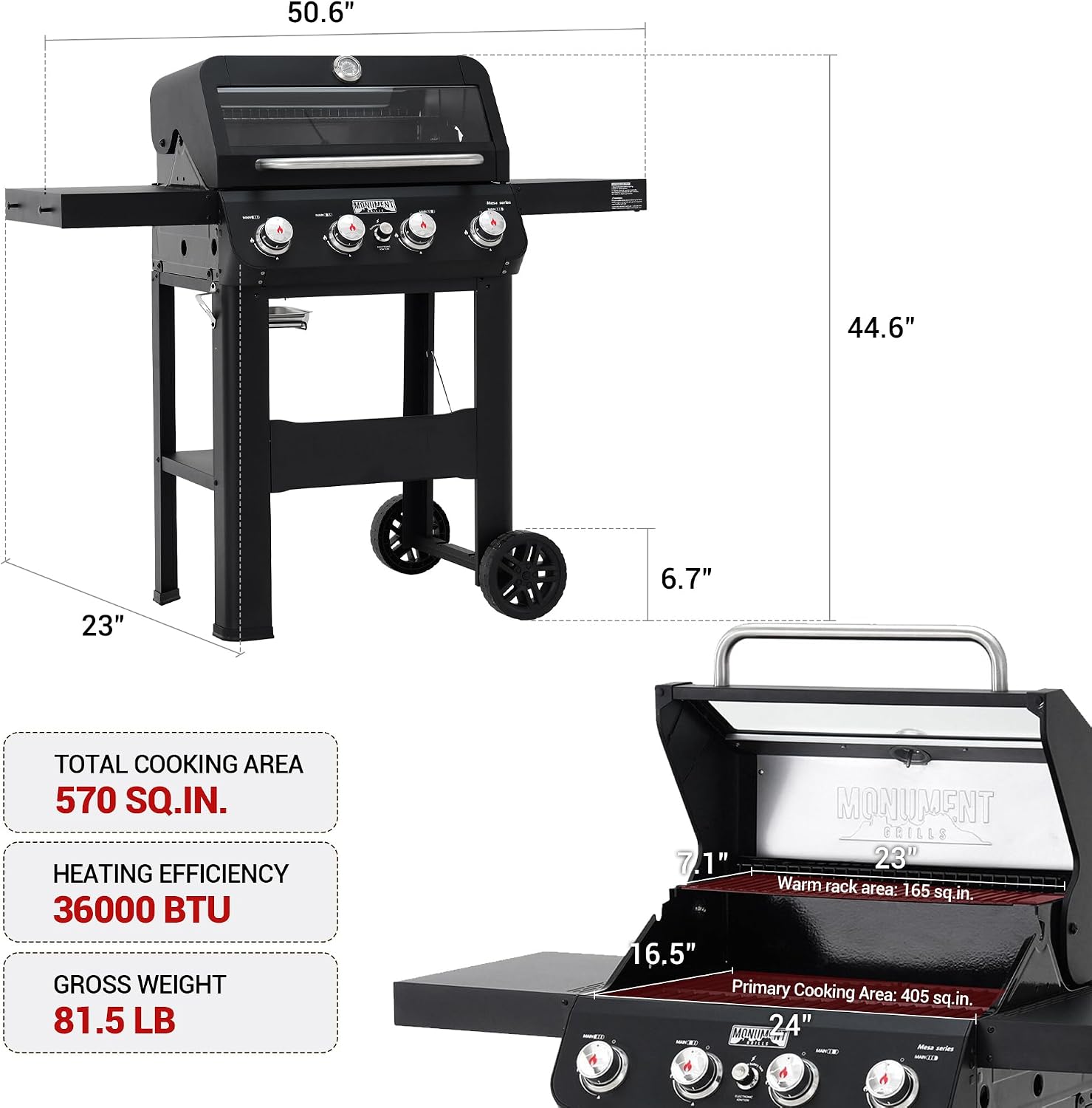 Monument Grills 4-Burner Liquid Propane Gas Grill, Matte Black Stainless Steel Burner Grill with Clearview® Lid, One Foldable Shelf for Outdoor Cooking Kitchen Patio Backyard, Mesa420MF with BBQ Cover