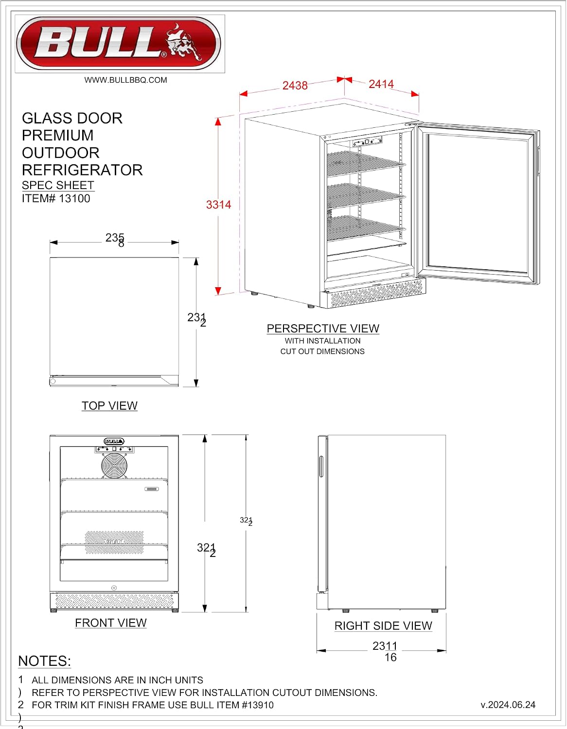 Bull Outdoor Products 30-Inch Outdoor Kitchen Bundle – Angus 75,000 BTU Built-In Grill Head, Grill Cover, Door & 2 Drawer Combo with Reveal, Glass Door & Contemporary Refrigerators – NG