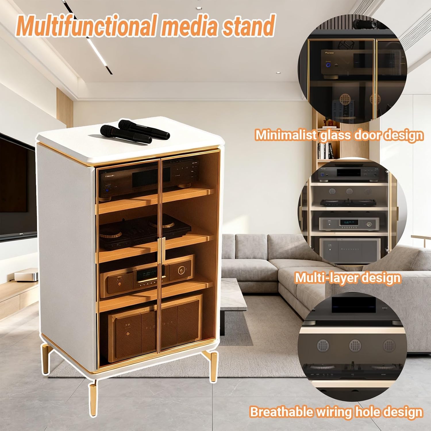 Audio Rack Cabinet HiFi Rack Corner Entertainment Center Media Cabinet with Glass Door Component Storage and Collection Display(Black,60 * 55 * 95cm/23 * 21 * 37in)