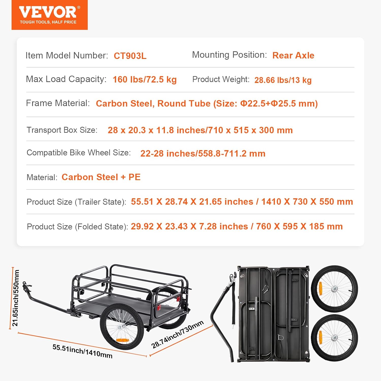 VEVOR Bike Cargo Trailer, 88/100/160 lbs Load Capacity, Heavy-Duty Bicycle Wagon Cart, Foldable Compact Storage with Universal Hitch