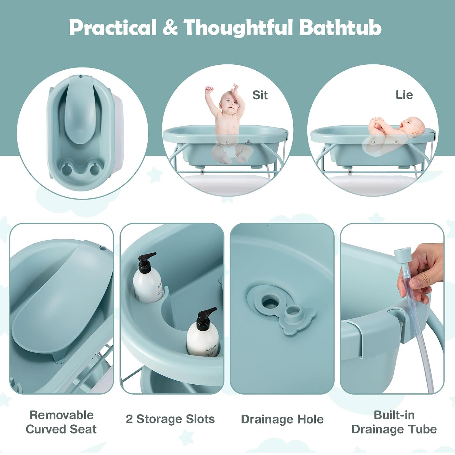 HONEY JOY 2-in-1 Baby Bathtub & Changing Table, Foldable Infant Diaper Changing Station with Wheels, Storage Tray, Waterproof Pad, Portable Newborn Nursery Organizer Bath Stand for Boys Girls (Blue)