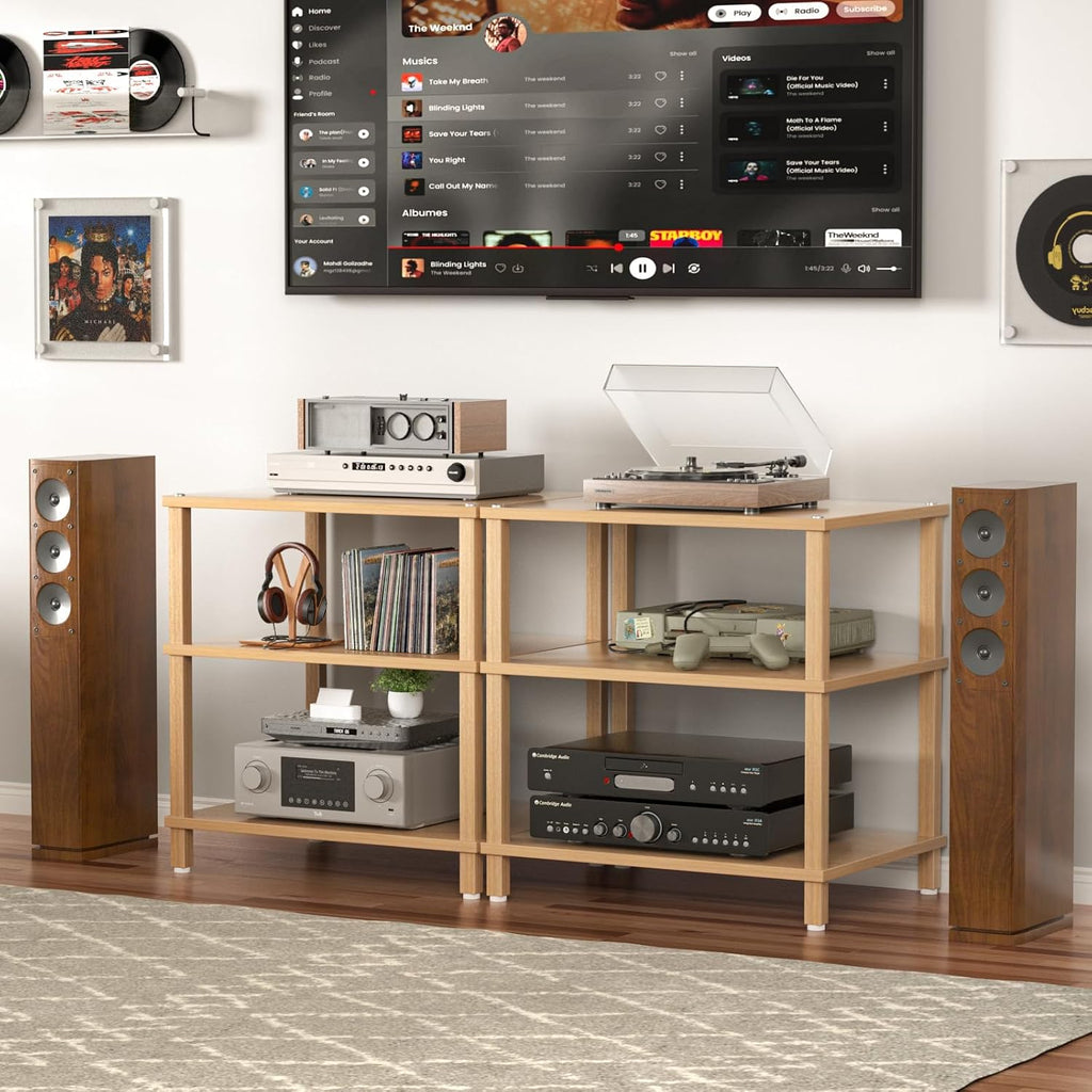 LELELINKY 3-Tier AV Media Player Stand Set of 2, Natural Stereo Cabinet, Wooden TV Stand,Game Console Shelf, Multifunctional Entertainment Center, Suitable for Home, Conference Room, Game Studio