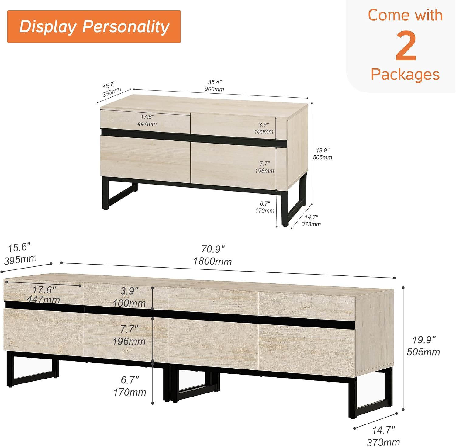 WAMPAT Modern TV Stand for 50-75 Inch TVs, Wood Entertainment Center with Metal Base Storage Cabinets, Media TV Console for Living Room, Light Oak, 2Pcs
