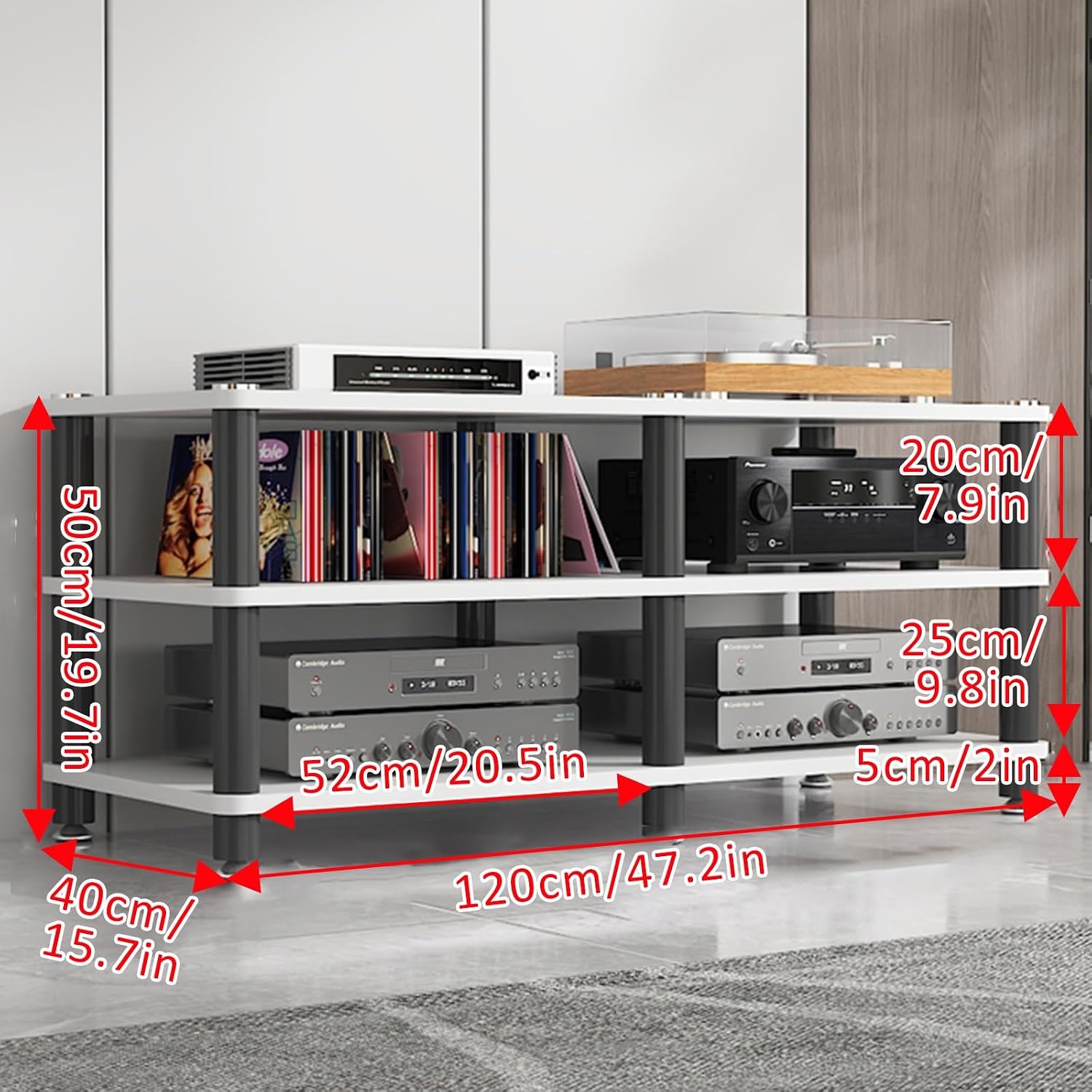 4-Tier Corner AV Media Stand - Light White Stereo Rack for Audio/Video Components, Game Consoles, Entertainment Storage, Modern Design (120x40x50cm)