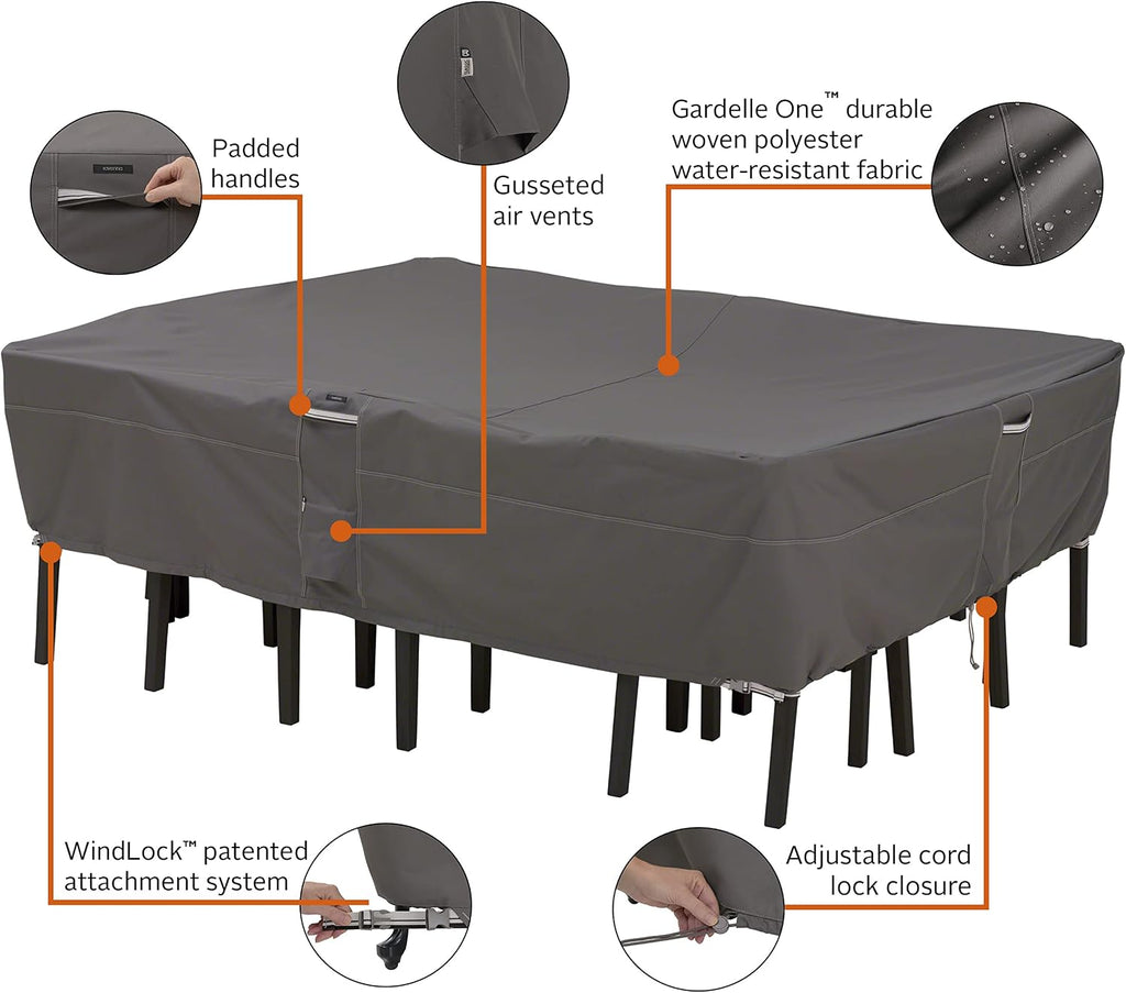 Classic Accessories Ravenna Water-Resistant 58 Inch BBQ Grill Cover and 108 Inch Rectangular/Oval Patio Table & Chair Set Cover Bundle