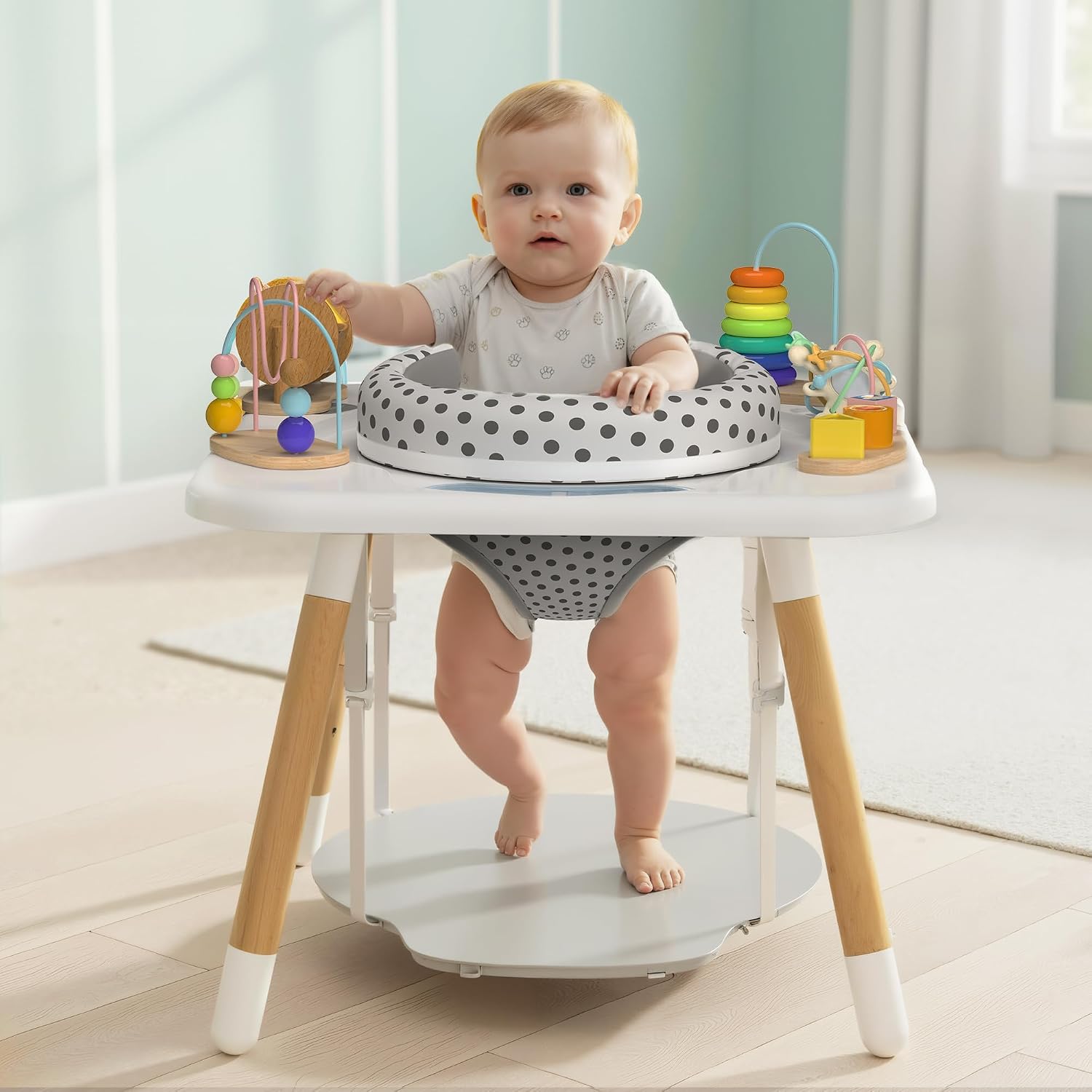 Kizfarm 3-Stage Baby Activity Center, Montessori-Inspired Design, 7 Interactive Toys with Teether, Exersaucer&Toddler Table, Shower Gift, 3 6 12 Month Old Baby Essential, Toy for Baby Infant Toddler