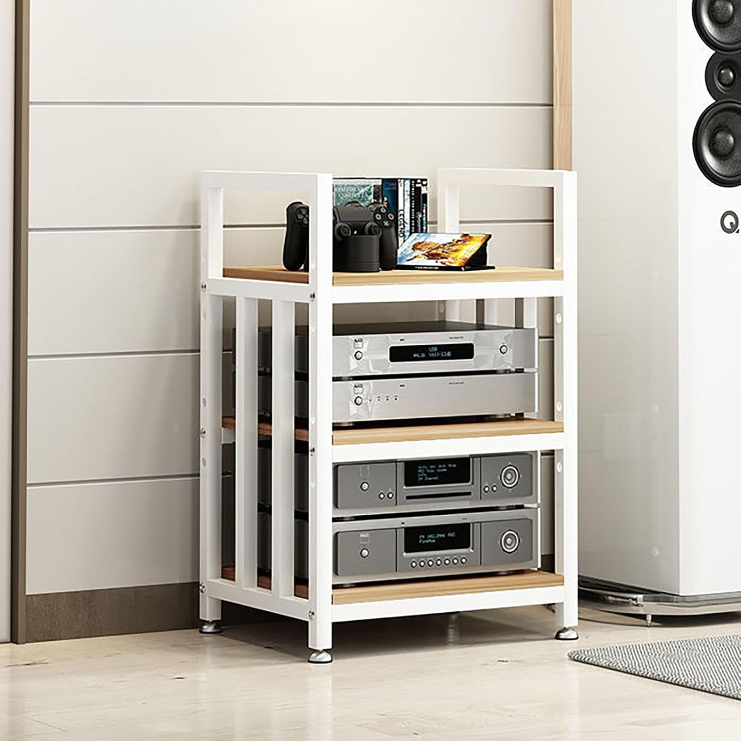 3.4.5 Tier AV Media Stand - Adjustable Stereo Rack for CD Players & Audio Equipment, Multifunctional Video Cabinet with Non-Slip Feet, Modern Tower Design in White