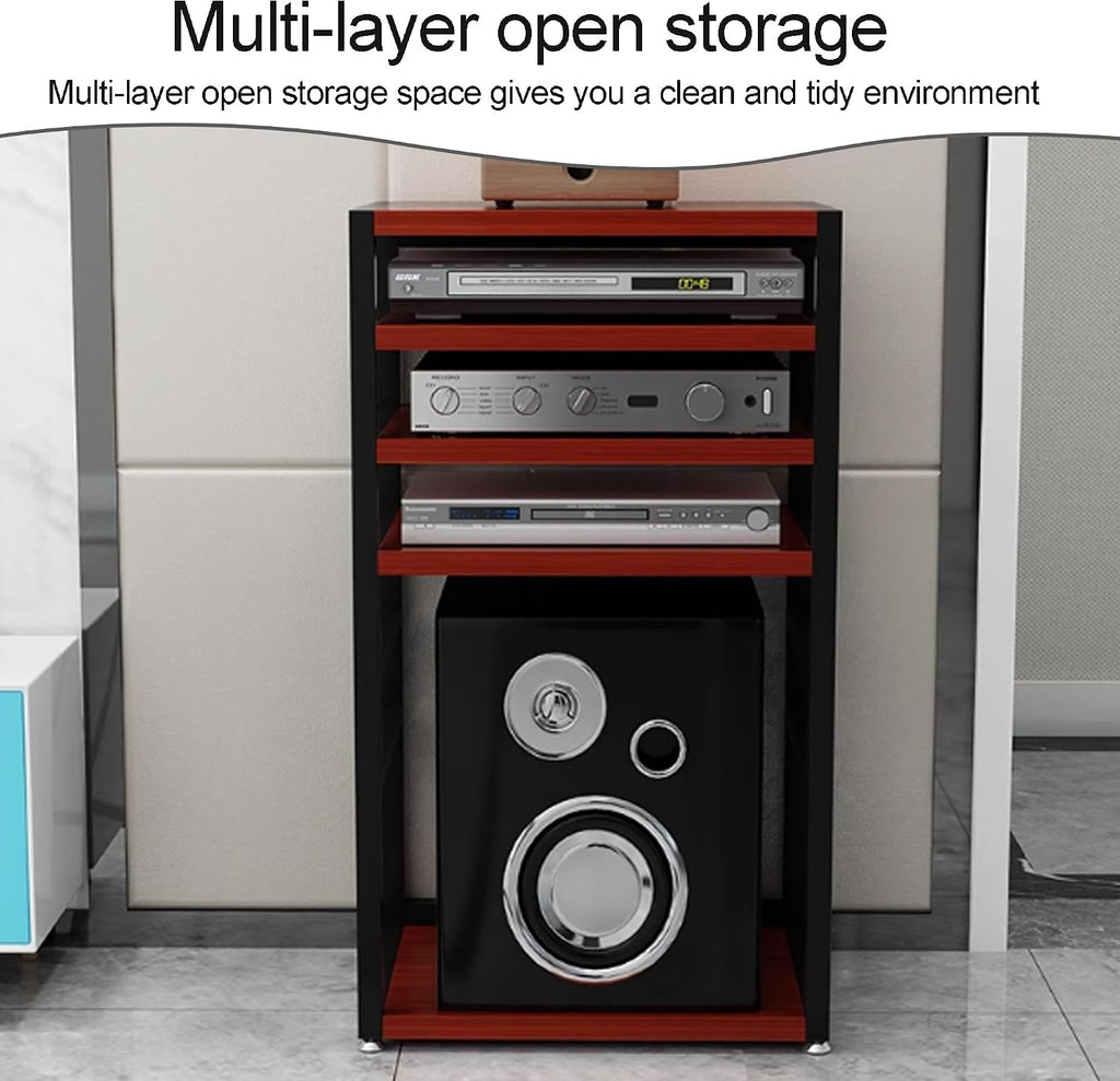 5-Tier AV Media Stereo Stand - Open Storage Shelves for Audio-Video Equipment, Gaming & Recording Room Cabinet - Red Walnut Finish, 21.7x15.7x37.8in