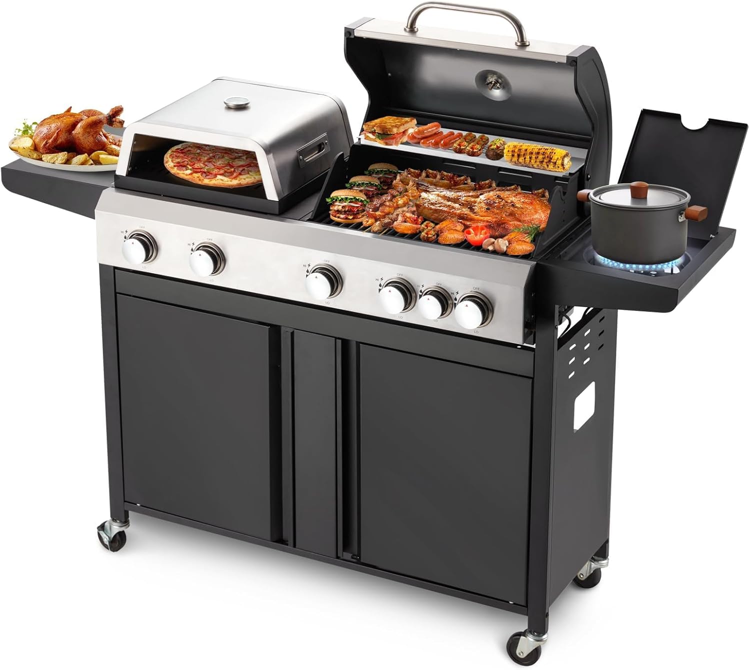 MELLCOM 3 IN 1 Pizza Griddle Grill Combo, 74,000 BTU 5-Burner Stainless Steel Propane Gas Grill with Side Burner, Porcelain Enameled Cast Iron Grates, Griddle & Pizza Oven for Outdoor Patio Backyard