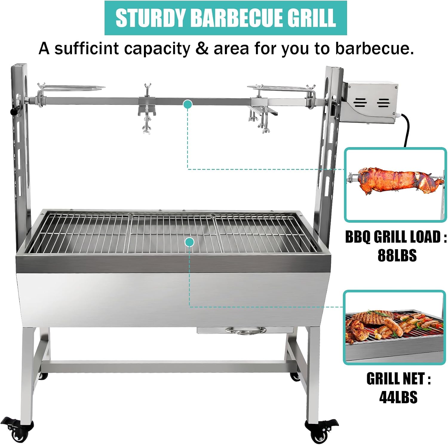 Rotisserie Grill Charcoal Spit Roaster, Stainless Steel 37' Pig Lamb Hooded Roaster Charcoal Spit With 25W Motor & Adjustable Height Lockable Casters For Party Barbecue,132 LBS Without Baffle