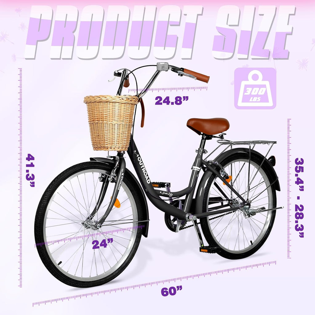 Max4out Women Bike Beach Cruiser Bike for Adult, 24 & 26 Inch Comfort Bikes with Rattan Front Basket, Womens Bicycle with Adjustable Seat and Dual V-Brake (Pink & White & Green & Purple & Black)