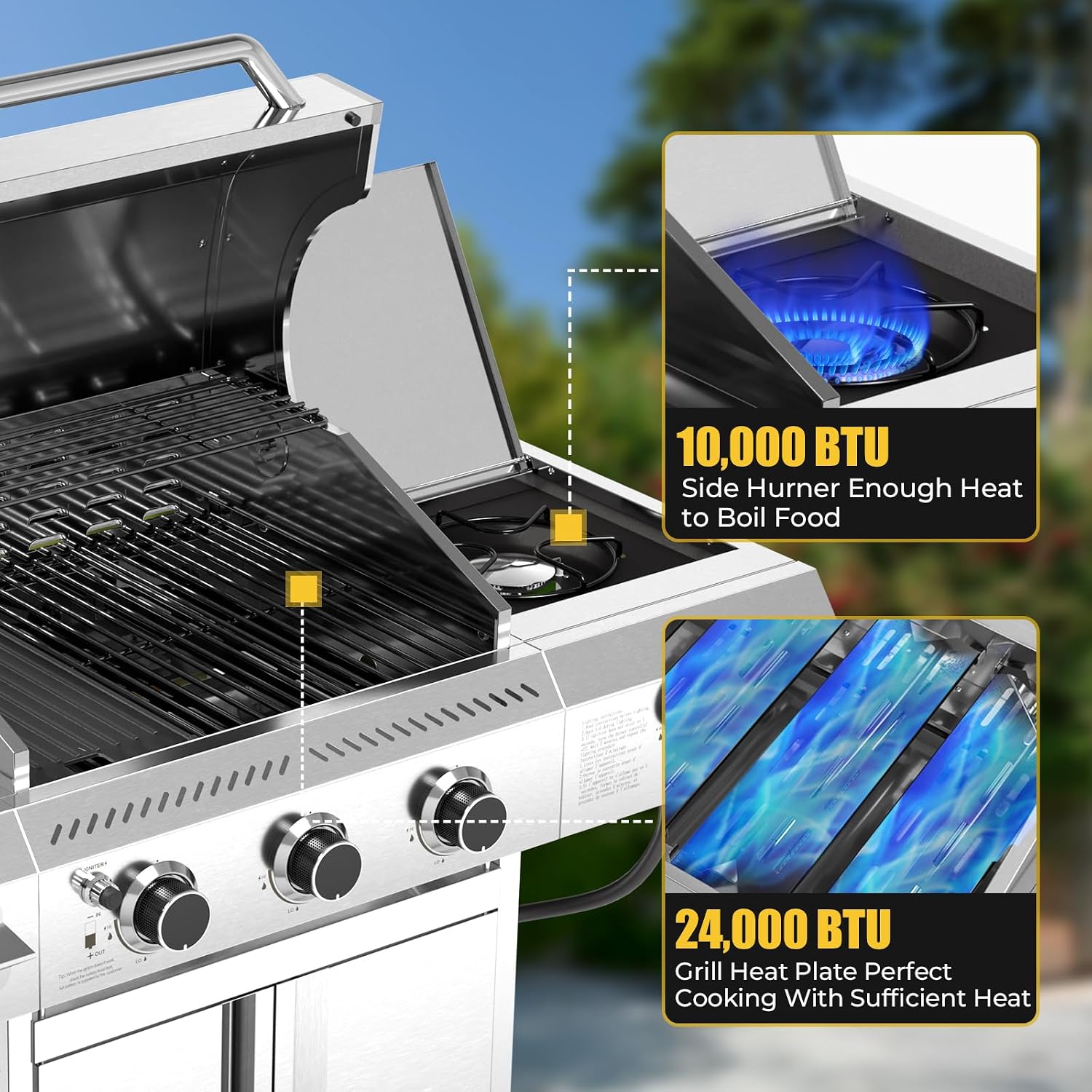 R.W.FLAME 3-Burner Propane Gas Grill With Sider Burner, 34,000BTU Stainless Steel BBQ Grill, Cast Iron Grates&Pullout Oil Drip Tray, Barbecue Grill with Casters for Outdoor Backyard&Patio