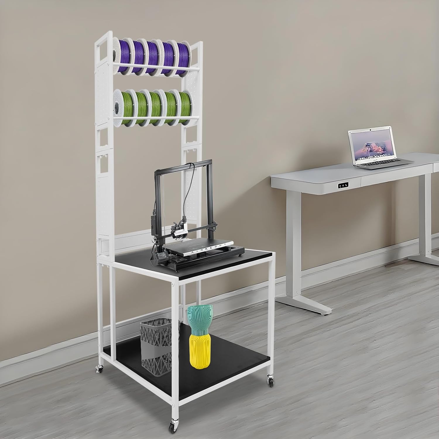 3D Printer Stand with Filament Storage, Heavy Duty 2-Tier Mobile Printer Table with Wheels, 110Lbs Capacity 3D Printer Table with Filament Spool Holder Rack for Workshop Studio Office Home (White)