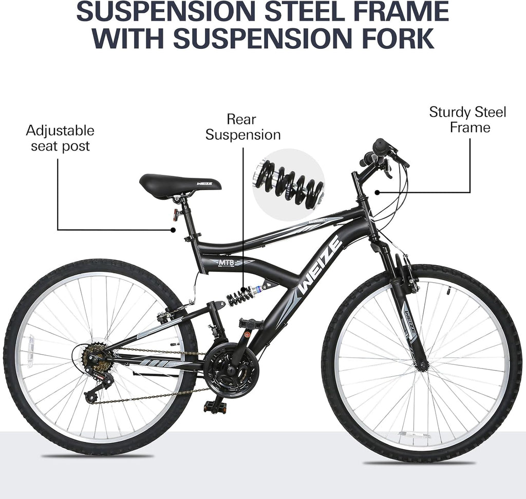 WEIZE Mountain Bike 26 27.5 inch Outdoor Cycling Bike 18-Speed/High-Carbon Steel/Dual Full Suspension, Adjustable Ergonomic Seat for Men Women Adult, MTB Bicycle with Suspension Fork