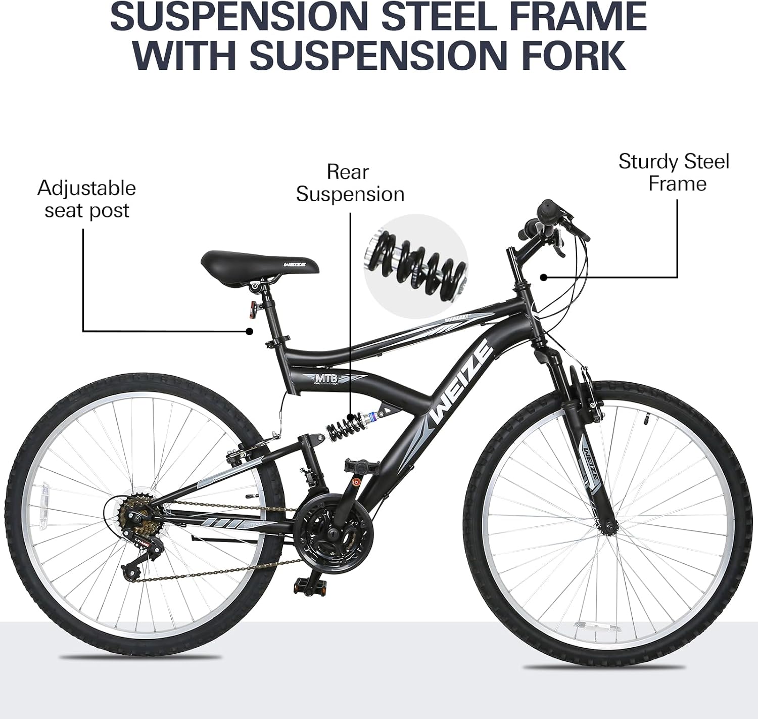 WEIZE Mountain Bike 26 27.5 inch Outdoor Cycling Bike 18-Speed/High-Carbon Steel/Dual Full Suspension, Adjustable Ergonomic Seat for Men Women Adult, MTB Bicycle with Suspension Fork