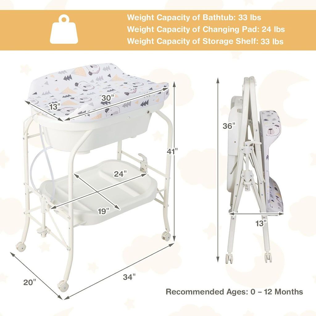 HONEY JOY 2-in-1 Baby Bathtub & Changing Table, Foldable Infant Diaper Changing Station with Wheels, Storage Tray, Waterproof Pad, Portable Newborn Nursery Organizer Bath Stand for Boys Girls (White)