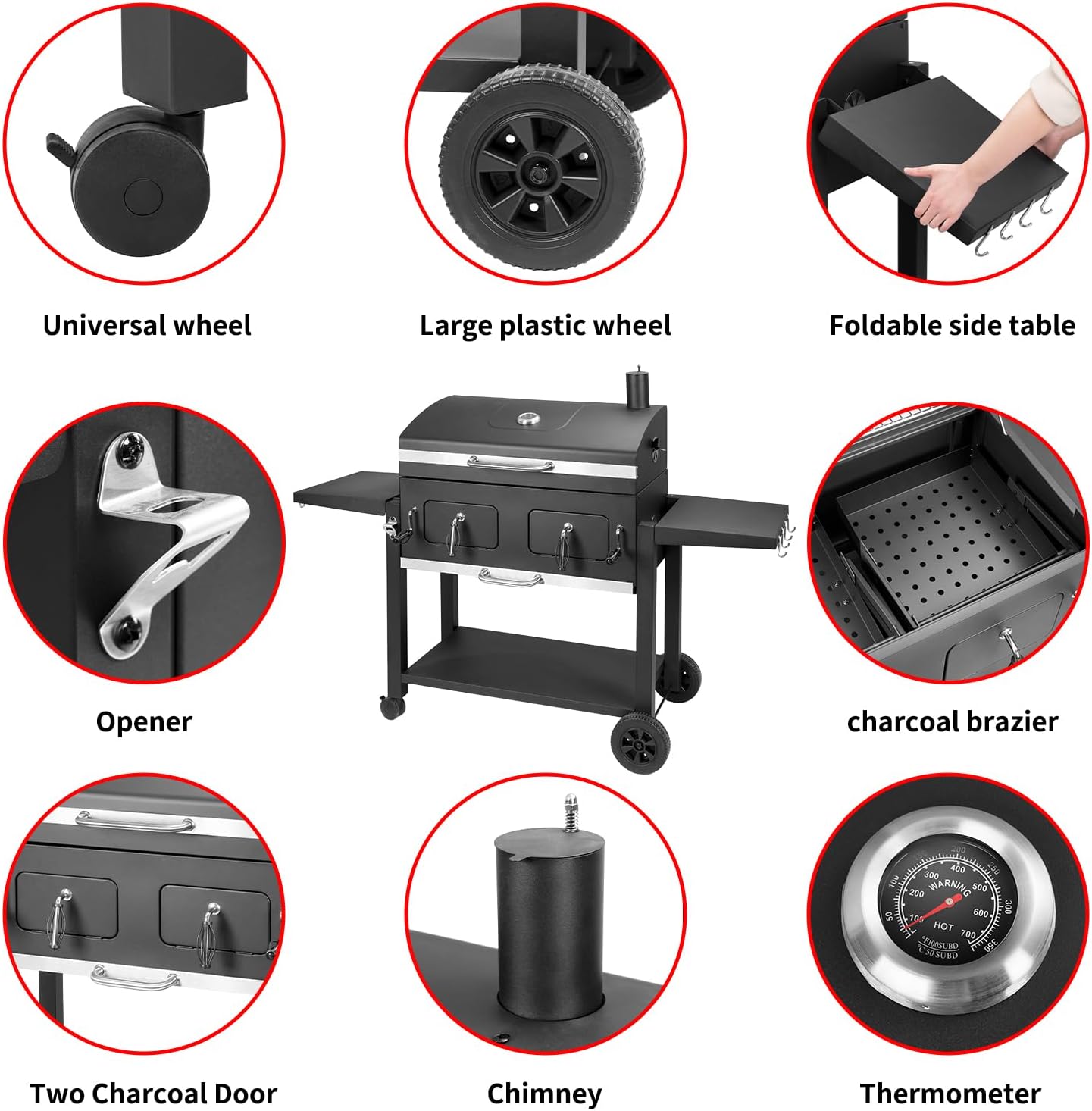 Kenadne Charcoal Grill Outdoor BBQ Grill, Extra Large Cooking Area 794 Square Inches with Two Individual & Adjustable Charcoal Tray, Foldable Side Tables for Outdoor Cooking grill Backyard