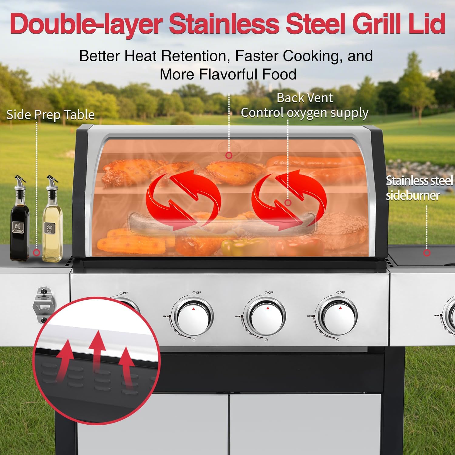 49000 BTU Output Propane Gas Grill with Side Burner and 4 Main Burners - Double-layer Stainless Steel Lid, Cast Iron Grids and Plate, Easy-Clean Grease Management for Perfect BBQs