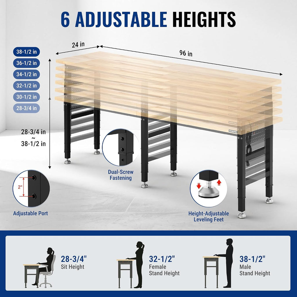 WORKPRO 96x24' Heavy-Duty Adjustable Workbench, 4000LBS Load Capacity Work Table with Power Outlet & Pegboard, Rubber Wood Top Workstation with Leveling Foot for Garage, Workshop