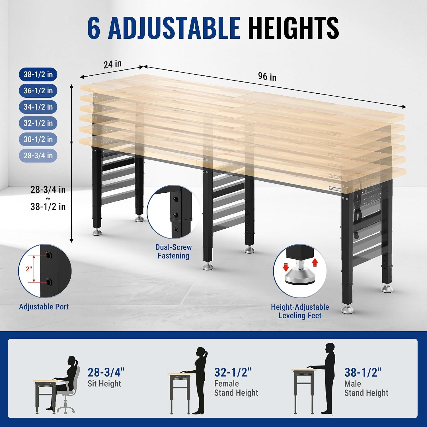 WORKPRO 96x24' Heavy-Duty Adjustable Workbench, 4000LBS Load Capacity Work Table with Power Outlet & Pegboard, Rubber Wood Top Workstation with Leveling Foot for Garage, Workshop