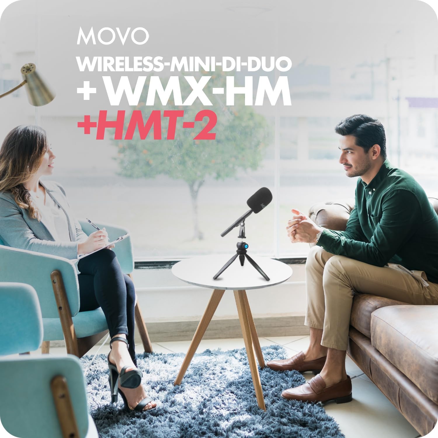 Movo WireL Mini DI-Duo Wireless Microphone for iPhone Podcast Equipment Bundle with WMX-HM Handle/Desktop Mic Stand - Wireless iPhone Mics for Podcasting, Interviews, and Content Creation
