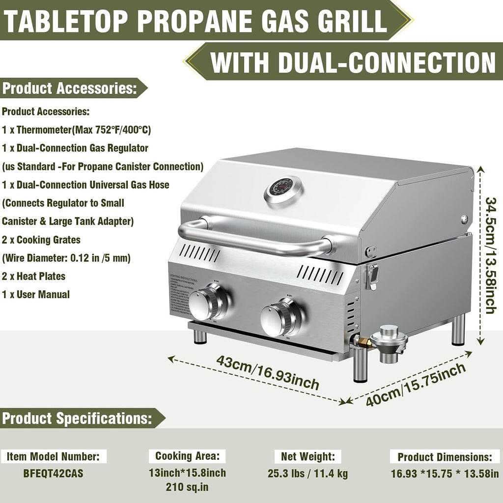 Bestfire Tabletop Propane Gas Grill 2 Burners- Dual Connections, 20,000 BTUs Stainless Steel Portable Grill Fits Large Gas Cylinders and Small Canisters for Outdoor Camping and RV Trips