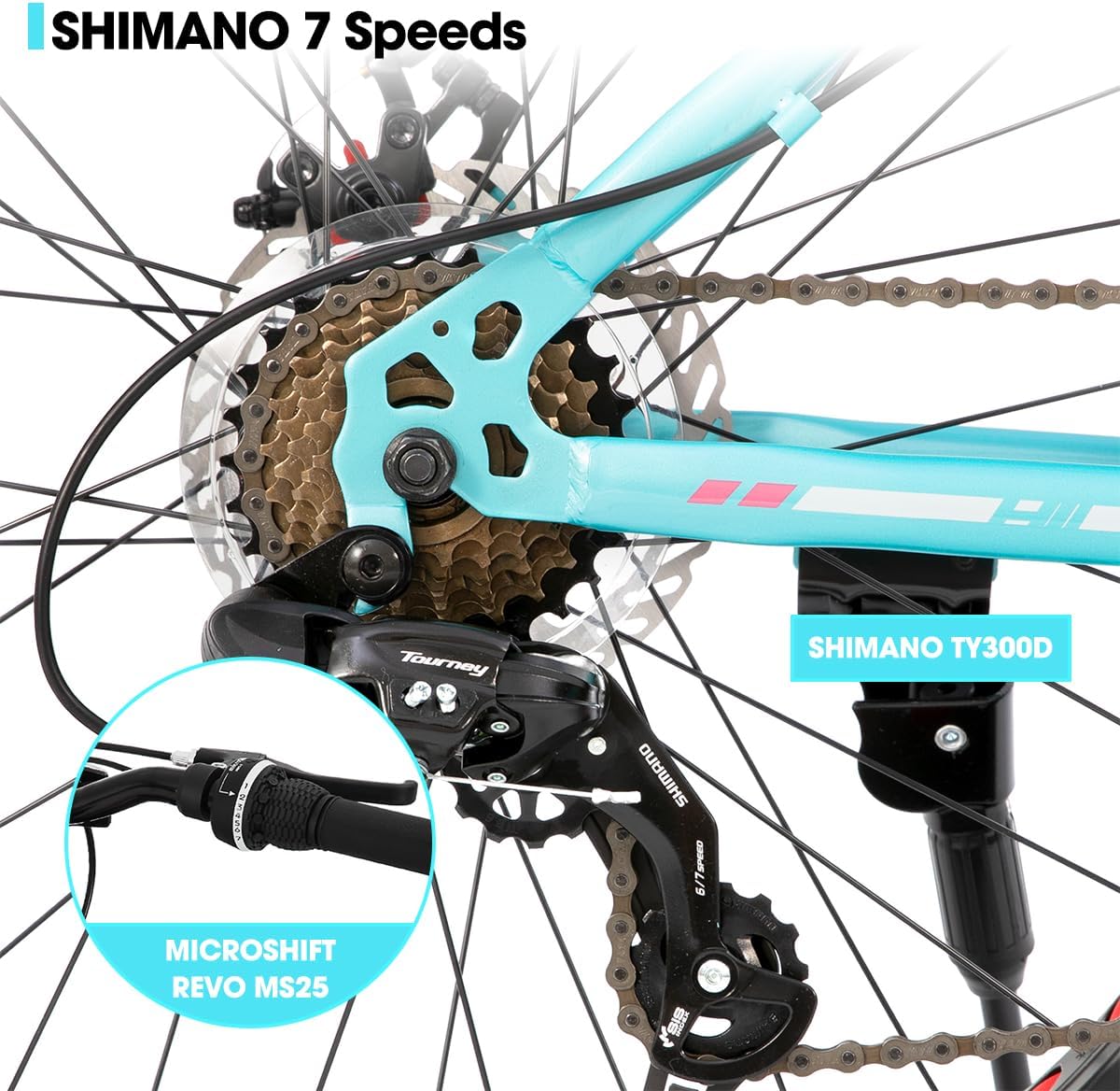 HILAND 24 26 Inch Fat Tire Mountain Bike for Men and Women, High Carbon Steel Frame Beach and Snow Wide Tire Adult Bicycle, 7-Speed and Dual-Disc Brake MTB