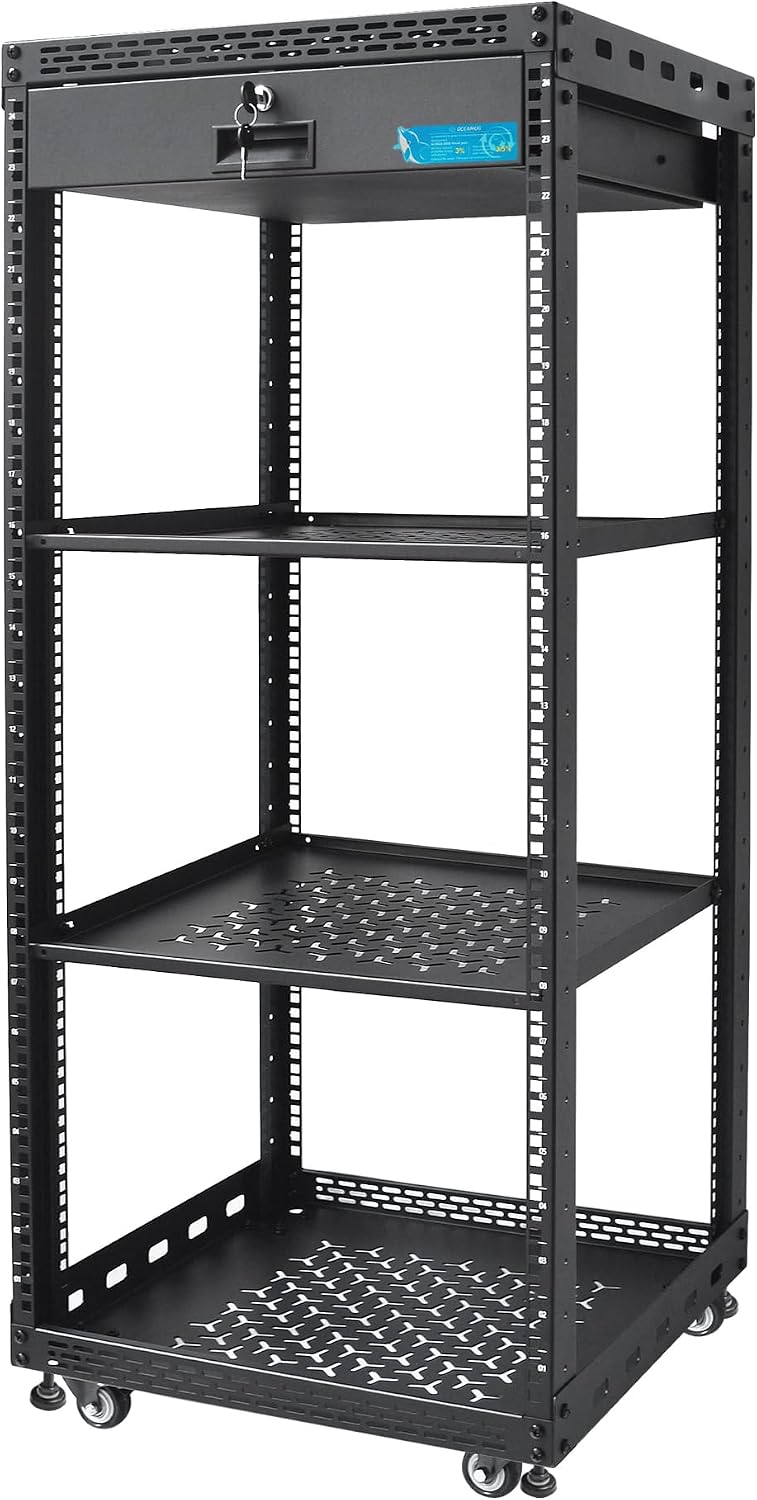24U Server Rack Cabinet with Drawer & 2 PCS Full Size Rack Shelves - Integrated Top/Bottom Panels, 4 Rolling Wheels for 19' Equipment & Home Lab Studio