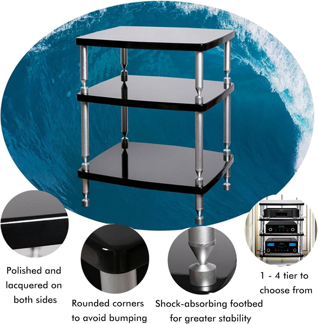 SRNSAEB 1/2/ 3/4 Tier Audio Equipment Rack Cabinet, Heavy Duty DVD Media Stand Black with Fitting, Standing Video Game Console Shelf Organizer for Game Consoles/Projector(3-Layer)