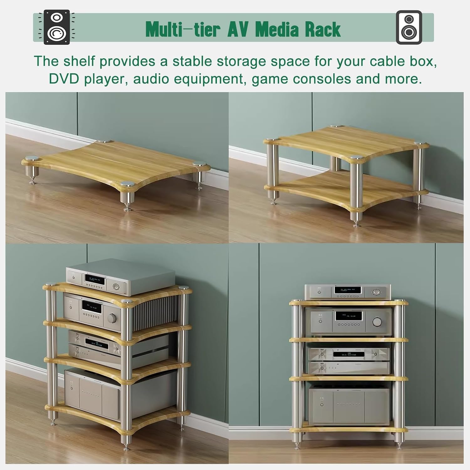 AV Media Tower Stereo Cabinet, 1/2/3/4 Tier Floor-Standing Audio Component Stand, Audio Equipment Storage Shelf for Home Theater Meeting Room Office(60x48x62cm)