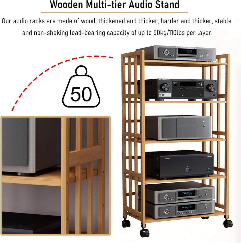 Hifi Racks And Stands 2 3 4 5 Tier, Audio Component Rack Tower Media Stereo Stand Equipment Shelf With wheels, Adjustable Stereo Component Rack System Cabinet for Home/ Commercial(Style 2,53cmx50cm/21