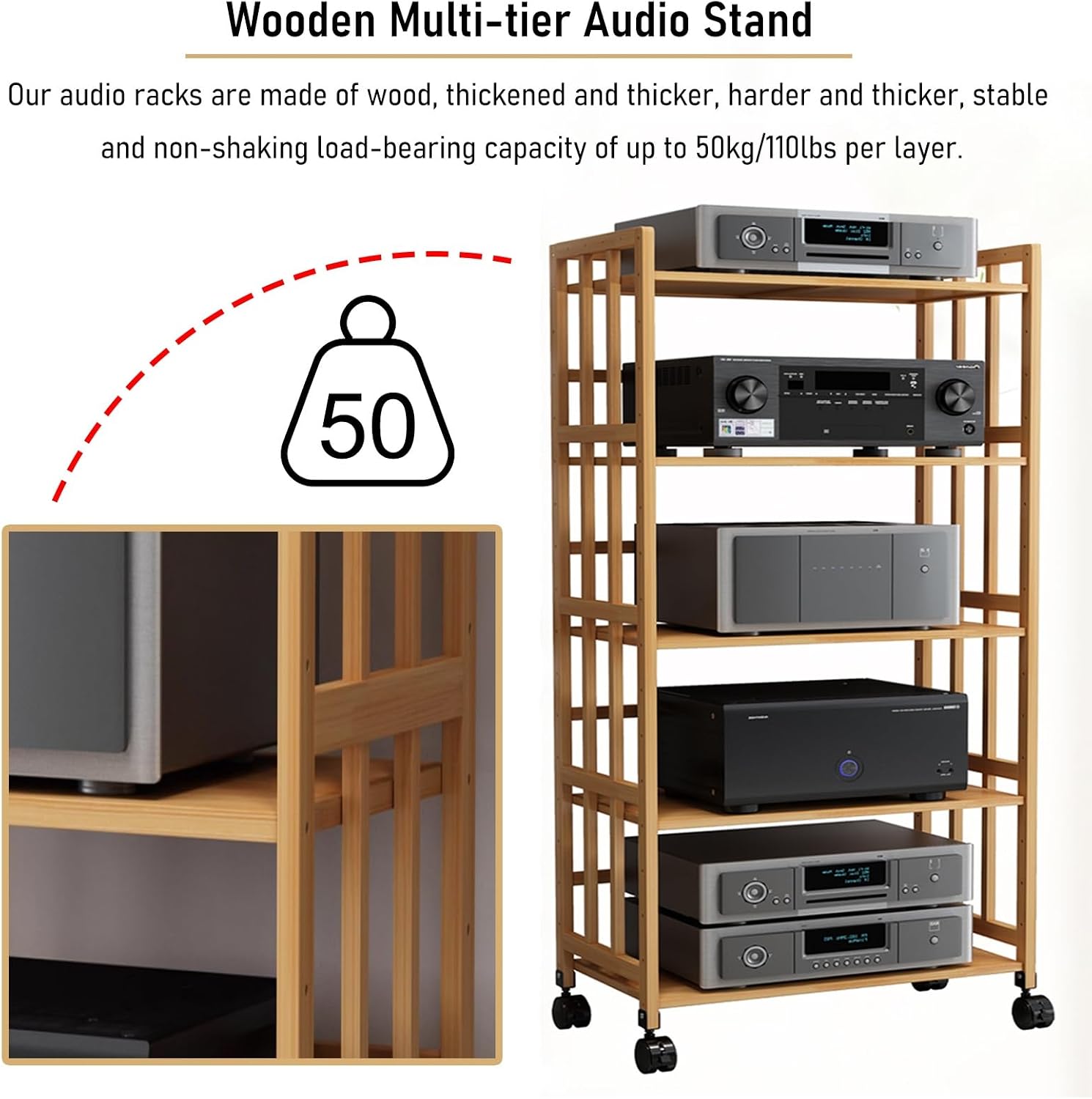 Hifi Racks And Stands 2 3 4 5 Tier, Audio Component Rack Tower Media Stereo Stand Equipment Shelf With wheels, Adjustable Stereo Component Rack System Cabinet for Home/ Commercial(Style 2,53cmx50cm/21