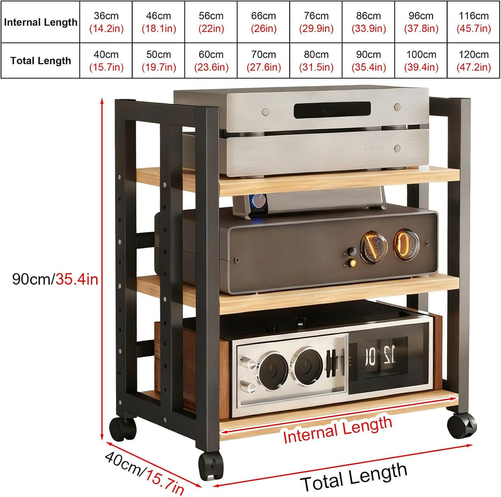 Heavy Duty 3-Shelf Mobile Corner Stereo Stand - Adjustable Media Rack for Living Room, Space-Saving Audio Organizer, Stylish Wooden Design, Fits 36cm/14.2in Equipment