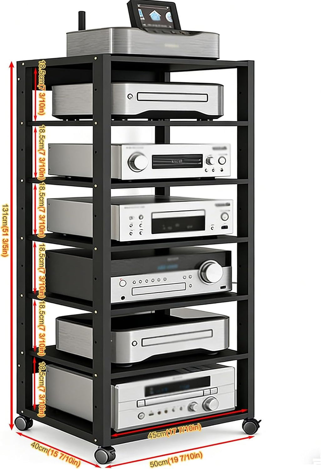 YLLFFLL Black Audio Component Rack Tower Media Stereo Stand Equipment Shelf, 3/4/5/6/7 Tier Media Storage Cabinet with Adjustable Shelf, HiFi Units Furniture(7 Layer)