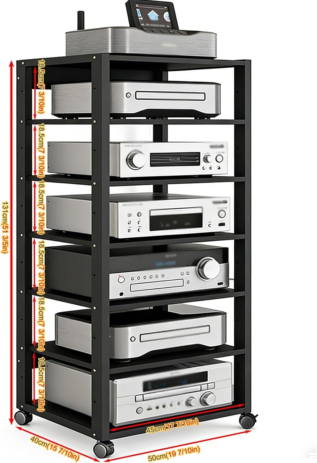 YLLFFLL Black Audio Component Rack Tower Media Stereo Stand Equipment Shelf, 3/4/5/6/7 Tier Media Storage Cabinet with Adjustable Shelf, HiFi Units Furniture(7 Layer)