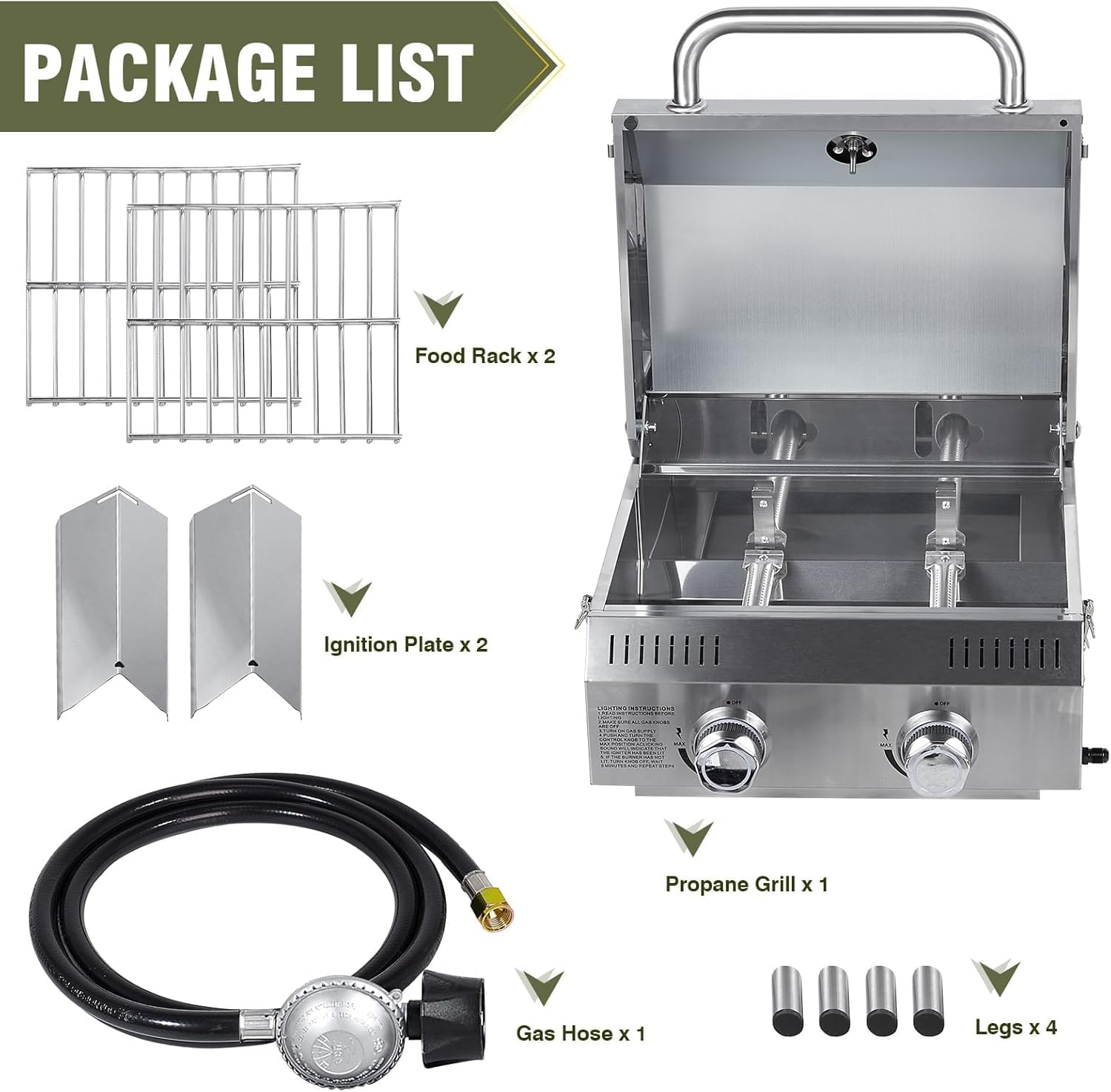 All-in-One Outdoor Grill Table with Built-in 2-Burner Propane Grill – Portable Stainless Steel Cooking Station with Storage, Hooks & Lockable Wheels for Camping, Tailgating, Backyard BBQ