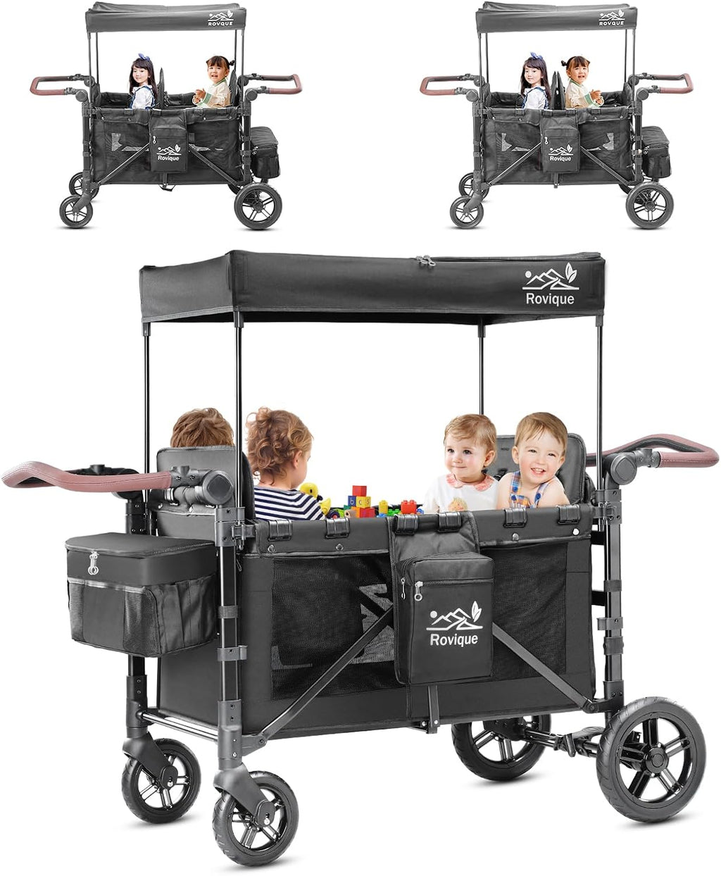 Rovique 4 Seater Wagon Stroller – Deluxe Quad Wagon for 4 Kids with Snack Trays,All-Terrain Wheels,Push Handle, Canopy,Aluminum Frame – Gift for Baby Showers,New Parents,Birthdays